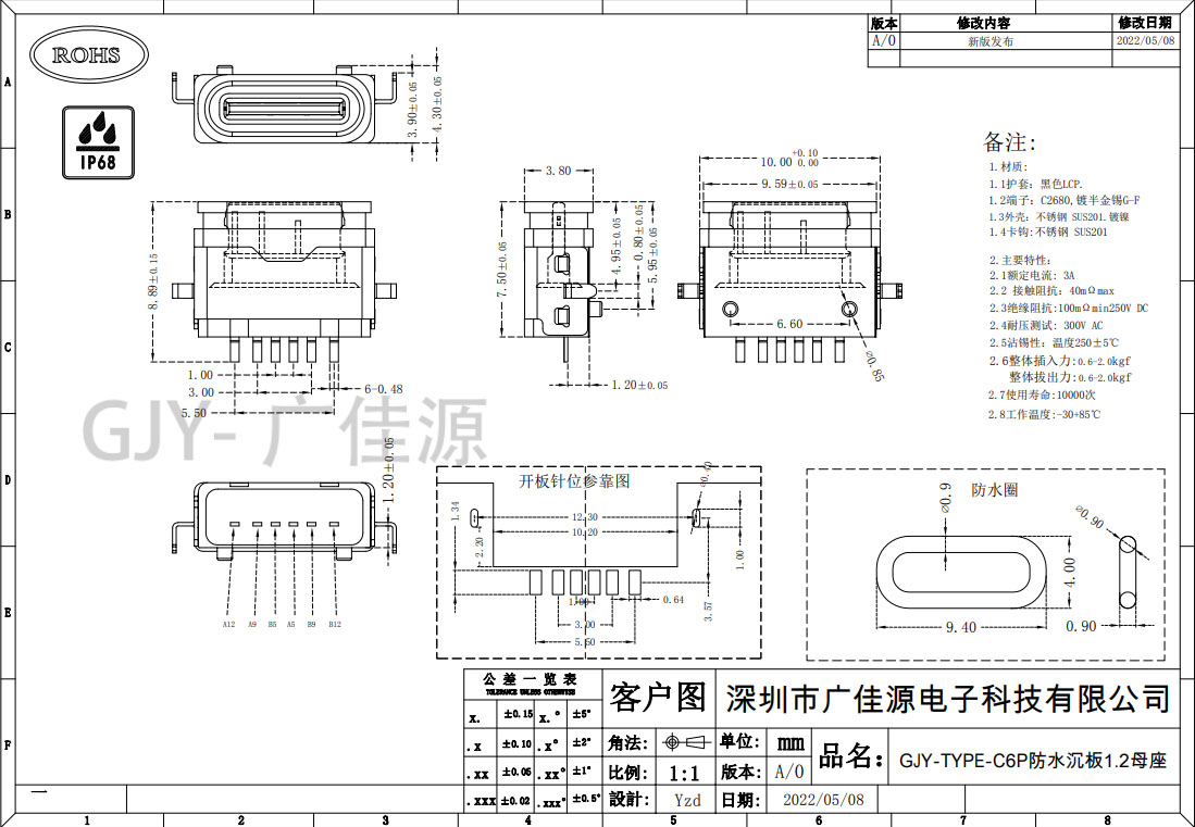 TYPE-C6P沉板母座